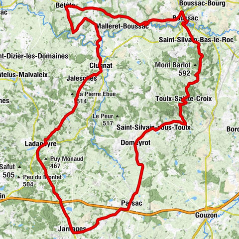 Route from Boussac to Jarnages by bicycle