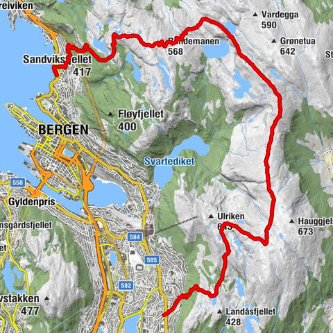 NO-Bergen: Landås-Ulriken-Vidden-Rundemannen-Sandviksfjellet